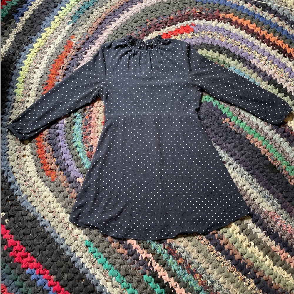 Navy Blue with White Polka Dot Long Sleeved Flare Dress